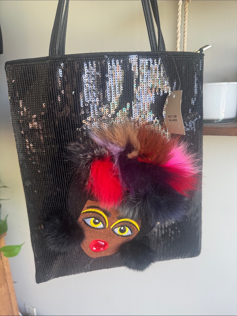 Black Sequin Tote with Colorful Pom-Pom Face Accent
